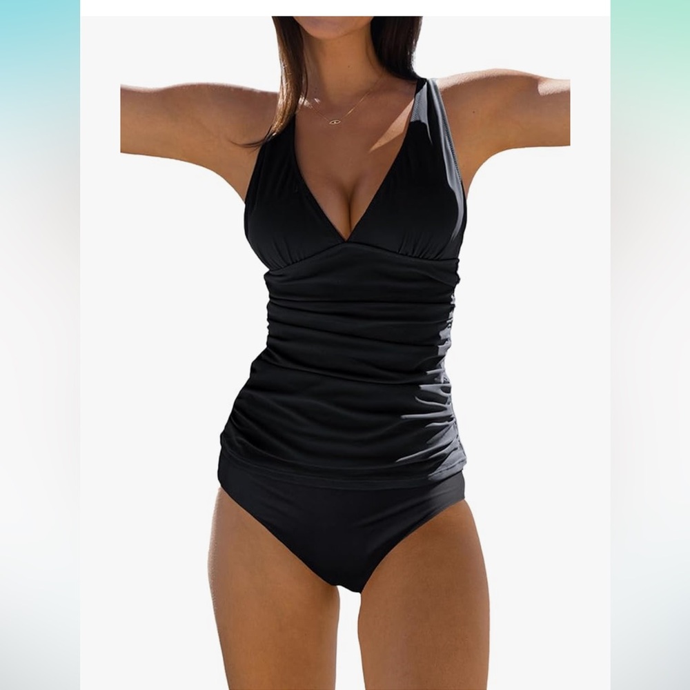 Classic Black V-Neck One-Piece Swimsuit with Tummy Ruching